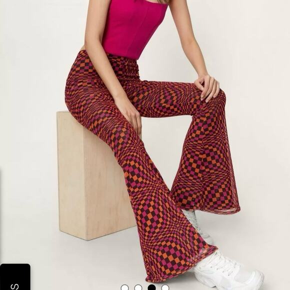 NWT Nasty Gal Abstract Checked Print Mesh Flare Pants - Picture 1 of 7